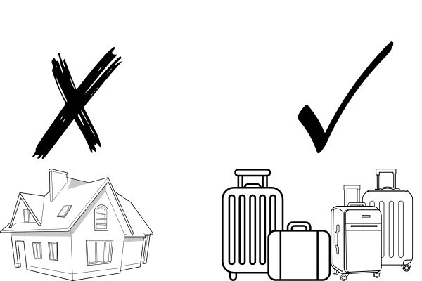 Where Is Home Really When You’re Always Moving? A house image with an x on top and suitcases image with a tick on top.